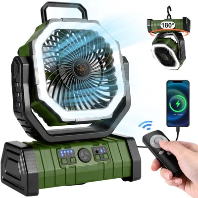 Produktbild von 20000 mAh Campingventilator mit LED-Laterne, wiederaufladbarer Akku, oszillierend, mit Fernbedienung, Haken-Aufbewahrungstasche, tragbarer