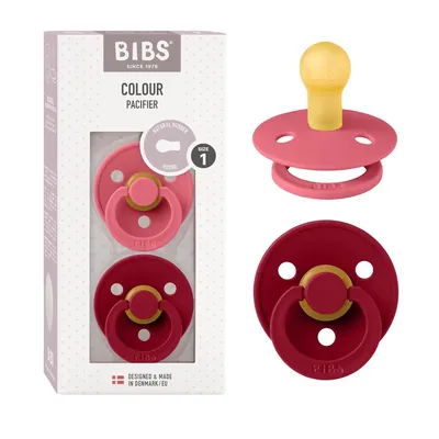 Produktbild von BIBS Colour Schnuller 2er-Pack, BPA-frei, Kirschform Nippel. Naturkautschuk / Latex, Hergestellt in Dänemark. Größe 1 (0-6 Monate), Coral / Ruby
