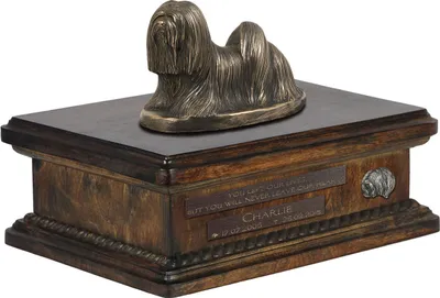 Produktbild von Lhasa Apso, Lhasaterrier, Löwenhund urne in Hundeasche, personalisierte Urne mit Statue, Holzurne mit Hund von Art-Dog