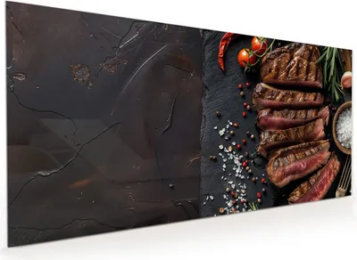 Produktbild von Küchenrückwand Spritzschutz Glas mit Motiv Gegrilltes Steak Teller 40 x 40 cm