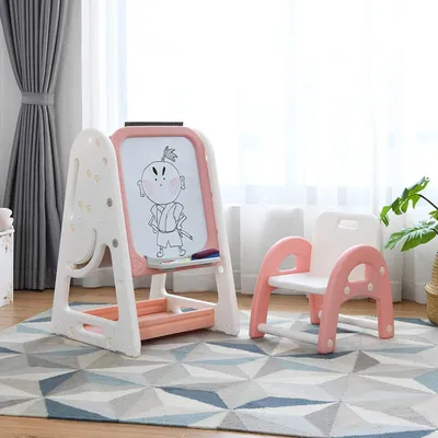Zdjęcie produktu dla Sztaluga dla dzieci COSTWAY 2 w 1 i grupa siedzisk dla dzieci z półką na książki, stolik i krzesełko dla dzieci z półką do przechowywania i składanym blatem, magnetyczna sztaluga z akcesoriami do malowania (pomarańczowa)