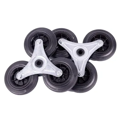 Produktbild von 2 Radsterne mit Verschlusskappen für Treppenkarre, Vollgummi 160x40mm, Schwarz, 3 Räder mit Gleitlager und Rollenlager, Verzinktes Stahlblechgehäuse,