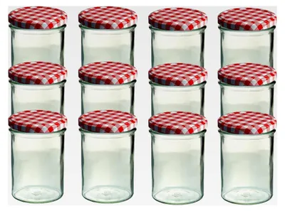 Produktbild von 12er Set Sturzglas 435 ml mit rotem kariertem Deckel