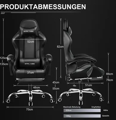 Produktbild von GTPLAYER Gaming Stuhl mit Fußstütze und Massage-Lendenkissen Bürostuhl Zocker Stuhl Ergonomischer Gamer Stuhl mit Verbindungsarmlehnen bis 150kg belastbar Schwarz