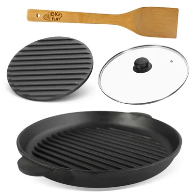 Produktbild von Ø26cm Grillpfanne aus Gusseisen Bräter mit Pressdeckel Glasdeckel Pfannenwender Schmortopf zwei Griffe Servierpfanne Grill