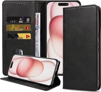 Produktbild von Smartphonica Handytasche geeignet für iPhone 15 Plus Kunstlederhülle mit Magnetverschluss und Kartenhalter Buchhülle mit Klappe - Schwarz