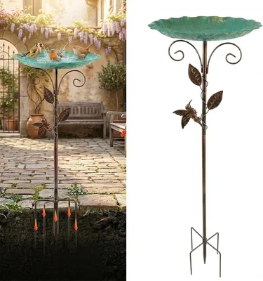 Imagen del producto de Bañera para pájaros, de metal, con diseño de hojas de loto, 77 cm, para jardín