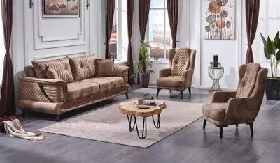 Produktbild von Beige Wohnzimmer Sofagarnitur 3tlg Luxus Textil Design Sofas Komplett