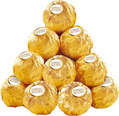 A pyramid arrangement of Ferrero Rocher chocolates.
