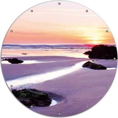 Produktbild von Wallario rundes Outdoor-Poster für Garten oder Balkon, Motiv Sonnenuntergang am einsamen Strand, 120 cm Durchmesser