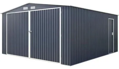 Image de Abri de jardin de 16 m² en acier galvanisé, avec kit de fixation, de couleur gris anthracite, et doté d'une double porte