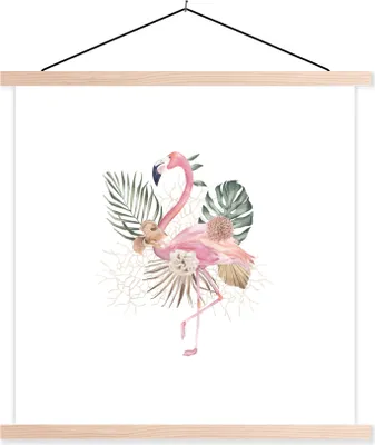 Produktbild von MuchoWow® Textilposter Flamingo - Blätter - Blumen - Zeichnung 120x120 cm mit holzfarbenen Rahmen - Textil-Poster