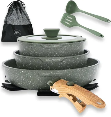 Image de Kitchen Academy Set de 10 casseroles Set de poêles revêtement marbre Poignée Vert