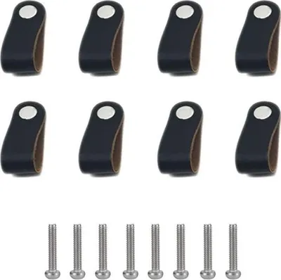 Produktbild von 8 Stück schwarze Möbelknöpfe mit Ledergriff, Türknöpfe für Schränke mit Schrauben, Küchengriffe aus Leder