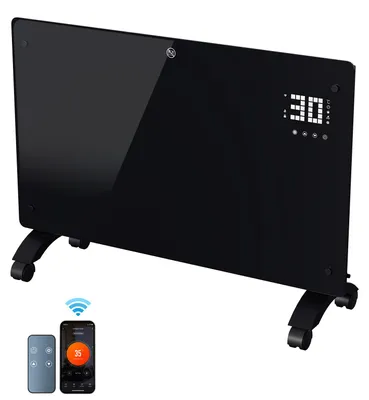 Image de Radiateur convecteur Eikuavons, 2500W, noir, avec connectivité WiFi Tuya Smart, télécommande, thermostat réglable de 5 à 50 °C, possibilité de fixation murale ou sur roulettes, indice de protection IP24