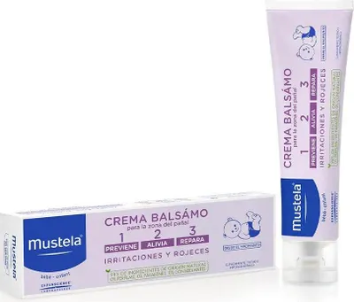 A tube and box of Mustela baby cream are shown against a white background.