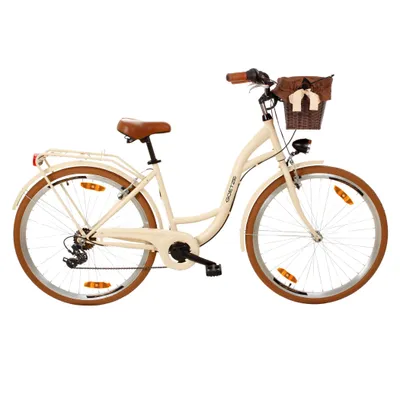 Produktbild von Goetze Mood 28 Zoll City Bike, 18 Zoll Tiefeinsteigerrahmen, 7-Gang Shimano, V-Bremse, LED-Beleuchtung, Komfortsattel, Rattankorb