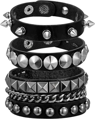 Imagen del producto de Pulseras de cuero, 5 unidades, color , con tachuelas y cadena, ideales para estilos gótico y punk