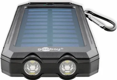 A black and blue solar-powered power bank with two flashlights and a carabiner clip.