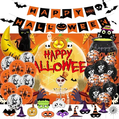Produktbild von Halloween Dekoration Set Banner Luftballons Hintergrund 48pcs Orange