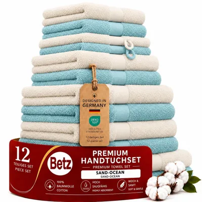 Produktbild von Betz 12-tlg. Handtuch-Set PREMIUM 2 Duschtücher 4 Handtücher 2 Gästetücher 2 Seiftücher 2 Waschhandschuhe  Farbe: sand / ocean