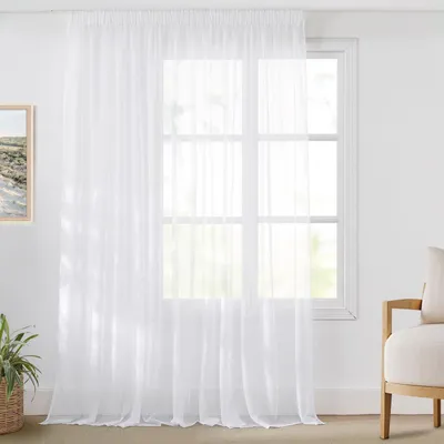 Image de Rideau transparent blanc, dimensions 245 cm de hauteur x 300 cm de largeur, avec ruban de franges