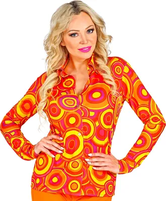 Produktbild von Groovy Damenbluse 70er Jahre Schlager Hippie Gr. S - XL - Bubbles orange L/XL