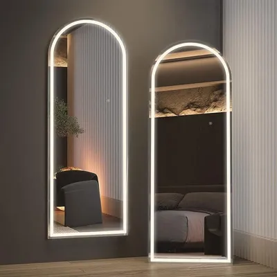 Imagen del producto de Espejo de cuerpo entero con forma arqueada de 160x50 cm, espejo de cuerpo entero con luz LED, espejo de pie iluminado, espejo de tocador, espejo de maquillaje para dormitorio, con función de atenuación y 3 modos de color (blanco)