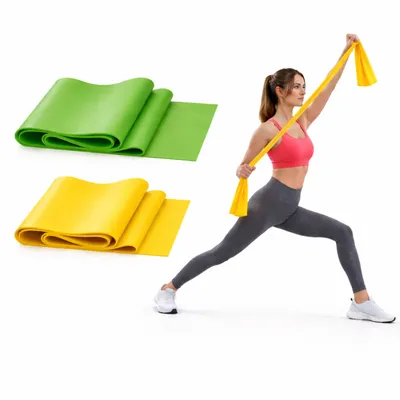 Produktbild von Theraband Set 2er Pack (Grün & Gelb) – 150x35 cm Hautfreundliches Physioband – Fitnessband lang statt Loop – Yoga, Pilates, Reha & Krafttraining