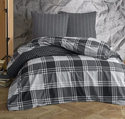 Produktbild von Bettwäsche Set Kariert Gestreift grau anthrazit modern Wende Baumwolle Renforce, Größe:4 teilig 135x200 cm - Normalgröße