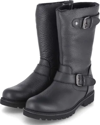A pair of black leather boots on a white background.