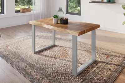 Produktbild von Esstisch 120 x 80 cm Akazie massiv natur Baumkantentisch U-Gestell silber ATLAS