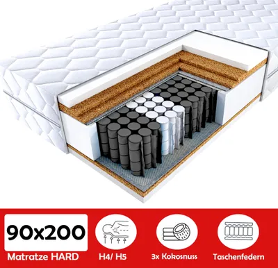 Produktbild von Matratze HARD 90x200 H4/H5 MEGA HART 3x KOKOS 20 cm hoch Taschenfederkern