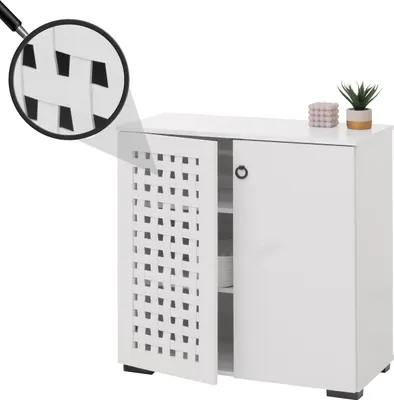 Image de Commode HWC-N87, Buffet Armoire Buffet, design 3D tressé 2 portes 3 compartiments de rangement Soft-Close, 82x80x37cm ~ blanc