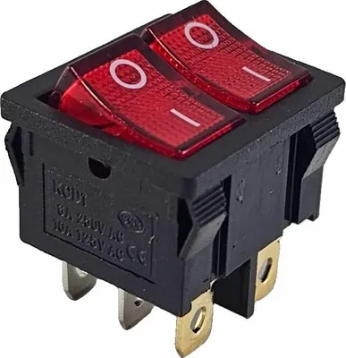 A close-up, studio shot of a black dual rocker switch with red illuminated rockers.