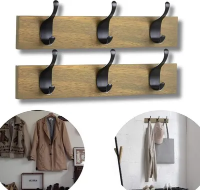 Image de lot de 2 portemanteaux muraux en bois 34 cm 3 crochets Loft noir Crochets
