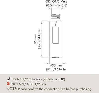 A technical drawing of a shower head connector with dimensions and compatibility notes.