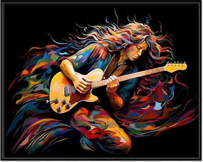 Produktbild von Wallario Wandbild Farbiges Gitarrenspiel, Größe: 40,30 x 50,30 cm, Poster mit schwarzem Aluminiumrahmen