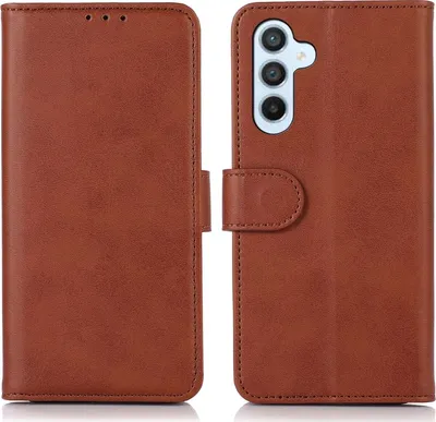 A brown leather wallet-style phone case is shown open, displaying the inside and the camera cutout on the phone side.