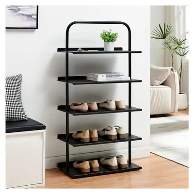 Produktbild von Schuhregal schmal Poytya mit 5 Ebenen Metall 119 x 60 x 32 cm Schuhständer für 10 Paare Schuhregal Standregal Flur Wohnzimmer Schwarz