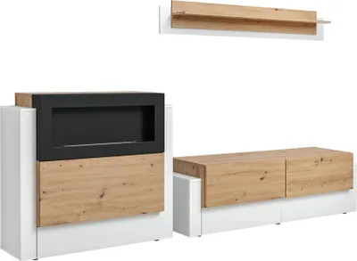 Produktbild von Wohnzimmerwand mit Biokamin IVETA – weiß / Artisan Eiche