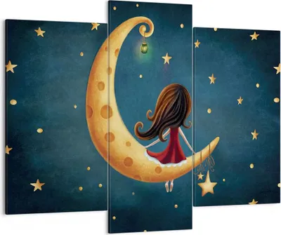 Produktbild von Bild auf Leinwand - Leinwandbild - 3 Teile - Kinder Mädchen Mond - 130x100cm - Wand Bild - Wanddeko - Wandbilder - Leinwanddruck - Bilder - Wanddekoration - Leinwand bilder - Wandbild - CB130x100-4683