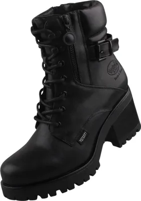 A black leather boot with laces and a buckle.