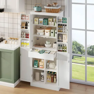 Image de OKWISH Buffet Haut avec 2 Portes et Tiroirs - Meuble de Cuisine Blanc Multifonction avec Rangement Intérieur 75x40x180 cm