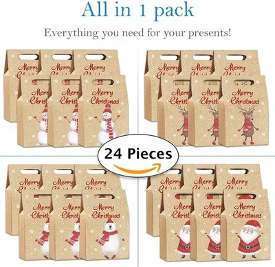 Productafbeelding van Ibenzoa® Geschenktas-set van 24 stuks voor Kerstmis – Kraftpapier zakken van 17,5 x 10,5 x 6,5 cm, met 4 kerstmotieven, met handvat, ideaal voor cadeaus en snoepjes