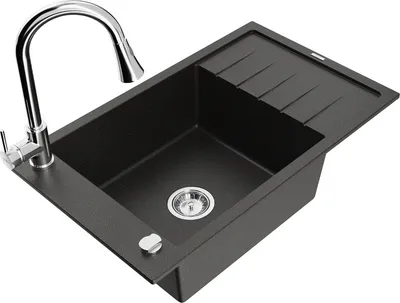Produktbild von Mexen Elias 1 Becken-Granitspüle mit Abtropffläche und Mischbatterie Elia, Schwarz/Gold metallisch - 6511-75-670101-00