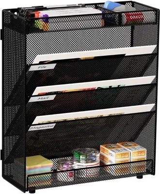 Immagine prodotto di Uniqoos® Organizer a parete in metallo – 5 scomparti per documenti A4 e riviste, rivestito con verniciatura a polvere, design a rete aperto, completo di viti per il montaggio, ideale per ufficio e casa