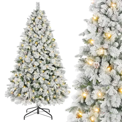Produktbild von Vankel Künstlicher Tannenbaum 235 cm, Voller Weihnachtsbaum mit Schnee & Beleuchtung, PE/PVC-Mix, Tannenzapfen, Metallständer