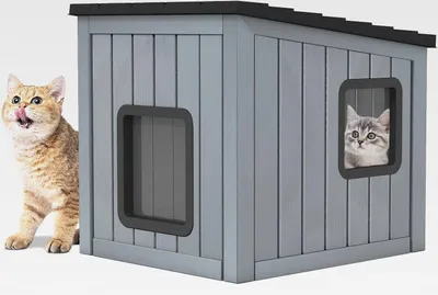 Produktbild von Katzenhaus Outdoor Winterfest, wetterfeste Katzenhütte aus PP mit 2 Türen und geneigtem Dach, Plastik Haustierhaus für Haustiere, Katzenhöhle, Welpenunterkunft für drinnen & draußen
