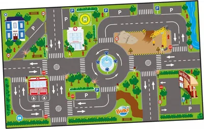 A play mat depicting a city scene with roads, buildings, and various city elements.